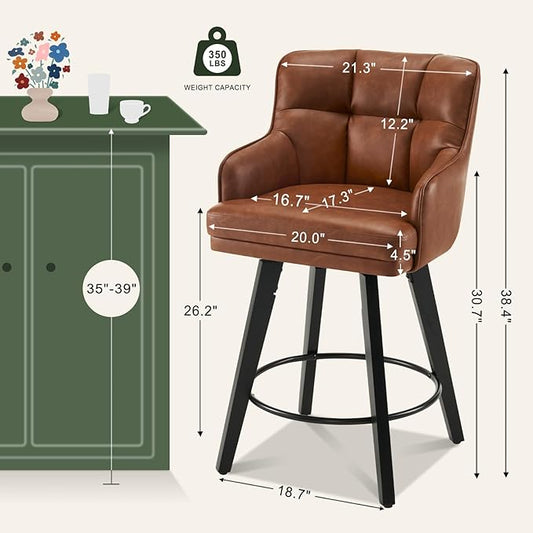 360°Swivel Counter Height Bar Stools with Back, 26 inch Solid Wood Legs, Bar Stool Modern Kitchen Island Chairs, Faux Leather (Brown- Faux Leather, 26" H- Set of 4)
