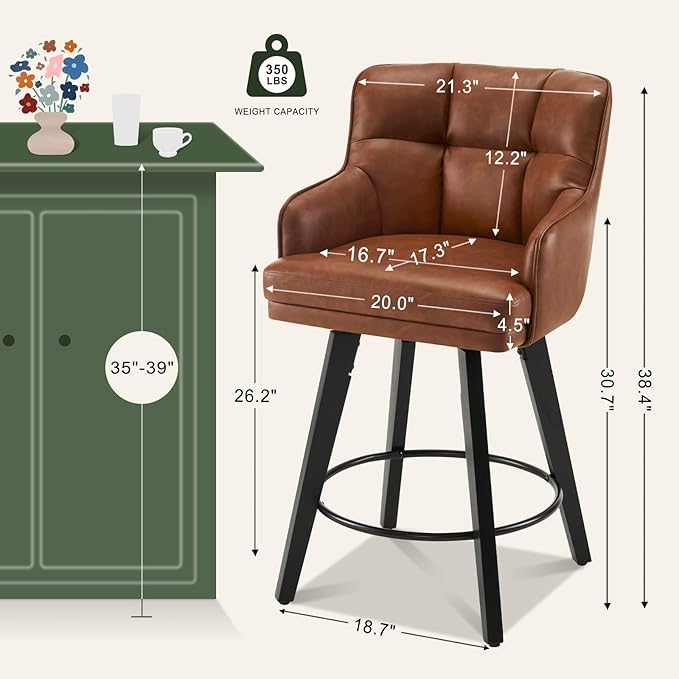 360°Swivel Counter Height Bar Stools with Back, 26 inch Solid Wood Legs, Bar Stool Modern Kitchen Island Chairs, Faux Leather (Brown- Faux Leather, 26" H- Set of 3)