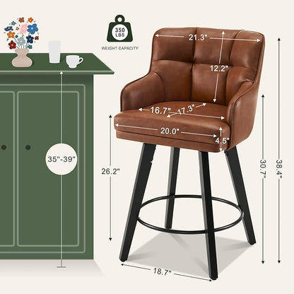 360°Swivel Counter Height Bar Stools with Back, 26 inch Solid Wood Legs, Bar Stool Modern Kitchen Island Chairs, Faux Leather (Brown- Faux Leather, 26" H- Set of 3)