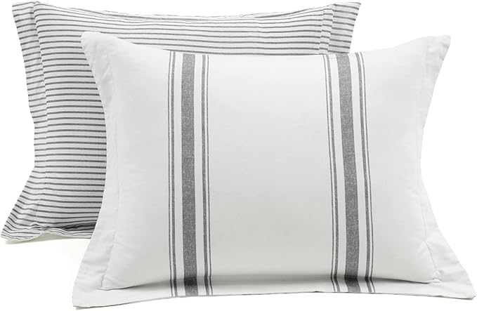 Lush Decor Farmhouse Stripe Reversible Cotton Comforter Set, 3 Piece Set, Full/ Queen, Dark Gray - Cozy Farmhouse Bedding Set - Rustic Decor - Striped Comforter - Modern Farmhouse Bedroom Decor