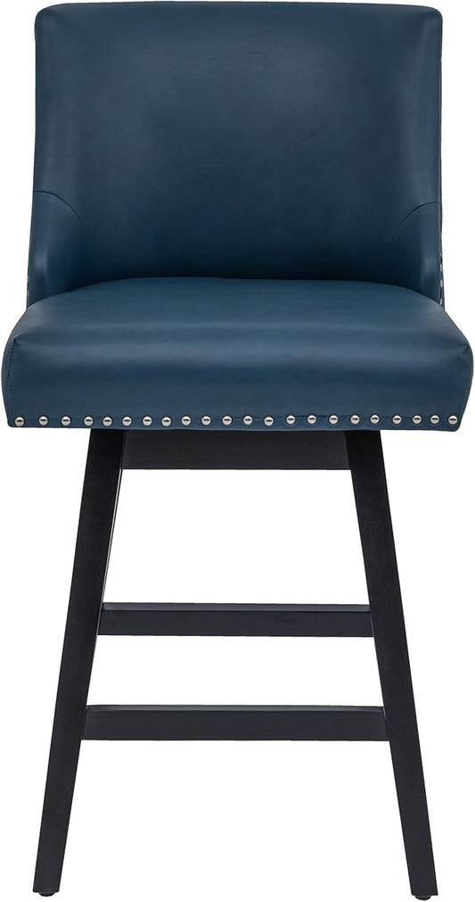 Bar Stool, PU Leather Barstool, 26 Inch Upholstered Counter Stools with 13.8" High Back and Footrest, Swivel Counter Height Barstools for Kitchen Island Home Bar Navy Blue