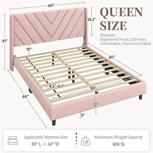 Yaheetech Queen Bed Frame Upholstered Platform Bed with Wing Side/Wooden Slat Support/Tufted Headboard with Wing Side/Mattress Foundation/No Box Spring Needed,Pink Queen Bed