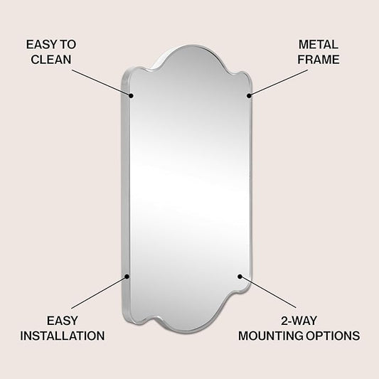 JONATHAN Y MIR205B Louisa 24 in. W x 36 in. H Medium Scalloped Rectangular Metal Framed Wall Mirror, for Bathroom, Living Room, Bedroom, Nickel