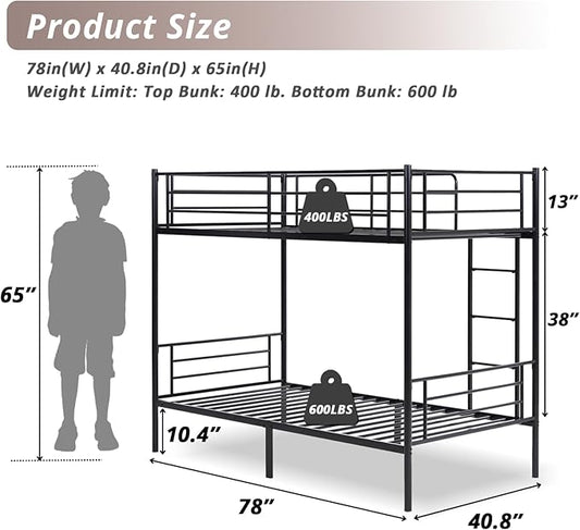 Karl home Black Bunk Bed Twin Over Twin, Metal Bunk Bed with Built-in Ladder and Safety Guardrail, Space-Saving Twin Bunk Beds for Kids, Teens & Adults, No Box Spring