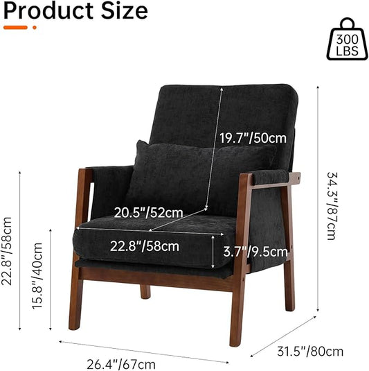 Accent Chair Mid-Century Modern with Lumbar Support Pillow, Upholstered Living Room Chairs with Wooden, Chenille Armchair with Cushion, Anthropologie Side Chair for Bedroom, Black