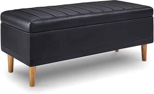 VECELO 44.5" Black Ottoman with Storage, Faux Leather Storage Ottoman Bench with Safety Hinge & Solid Wood Legs, Large Bench for Living Room, Entryway, Holds up to 330 lb