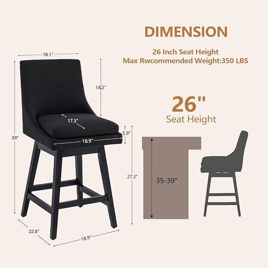 Bar Stools Set of 4, 26 Inch Upholstered Barstools with 14.2" High Back and Footrest, Swivel Counter Height Barstools for Kitchen Island Home Bar Performance Fabric Black