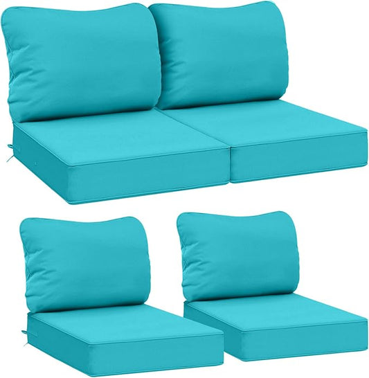 AAAAAcessories Outdoor Deep Seat Cushions, Waterproof, Fade-Resistant Patio Furniture Replacement Cushions, 25.5" x 25.5" x 5" + 25.5" x 19", Set of 4, Turquoise Blue