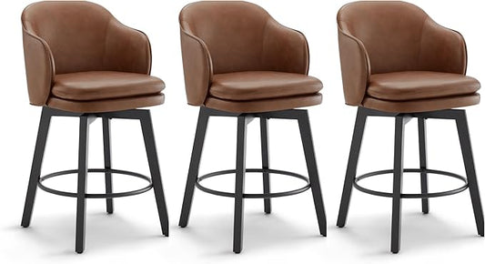 Counter Height Barstools 26 inch Upholstered Swivel Bar Stools with Back and Wood Legs for Kitchen Island,Set of 3,Brown PU Leather