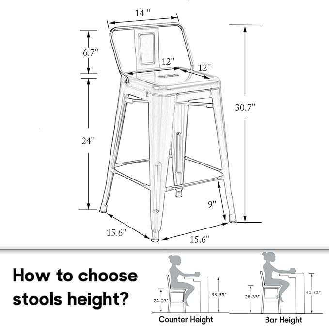HAOBO Home 24" Low Back Metal Counter Stool Height Bar Stools [Set of 4] for Indoor/Outdoor Barstools, Matte Black