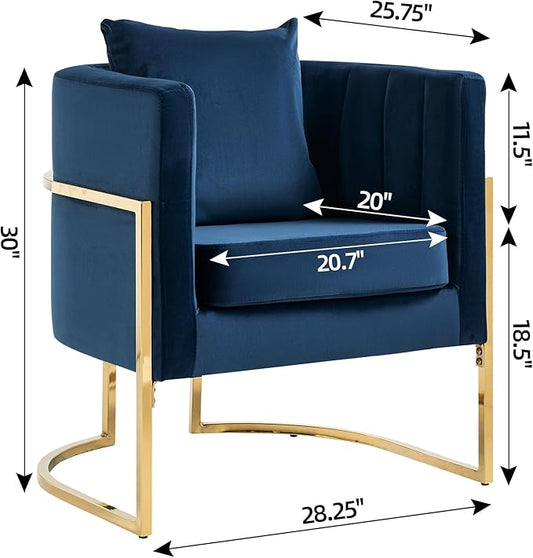 Velvet Modern Accent Chair, Upholstered Barrel Armchair Mid Century with Pillow for Living Room, Comfy Single Vanity Chair with Metal Gold Legs for Bedroom, Blue
