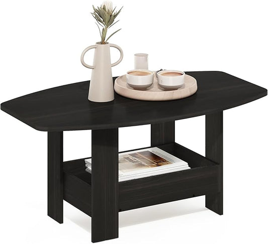 Furinno Simple Design Coffee Table, 2-Tier Modern Coffee Table with Lower Shelf, Round Corner Side Table, for Living Room, Bedroom, Home Office, Espresso
