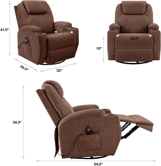 Flamaker Rocking Chair Recliner Chair with Massage Swivel Ergonomic Lounge Chair Classic Single Sofa with 2 Cup Holders Side Pockets Living Room Chair Home Theater Seat (Brown)