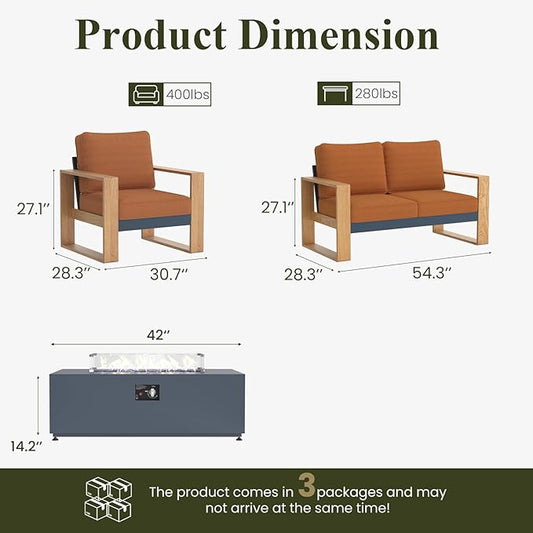 LayinSun 4 Pieces Aluminum Patio Furniture Set with Fire Pit Table, Oversized Seat with Hight Back, Outdoor Conversation Sets for Porch, Balcony, Deck