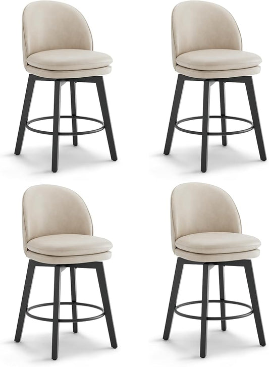 Counter Height Barstools 26 inch Upholstered Swivel Bar Stools with Back and Wood Legs for Kitchen Island,Set of 4,Beige PU Leather-Armless