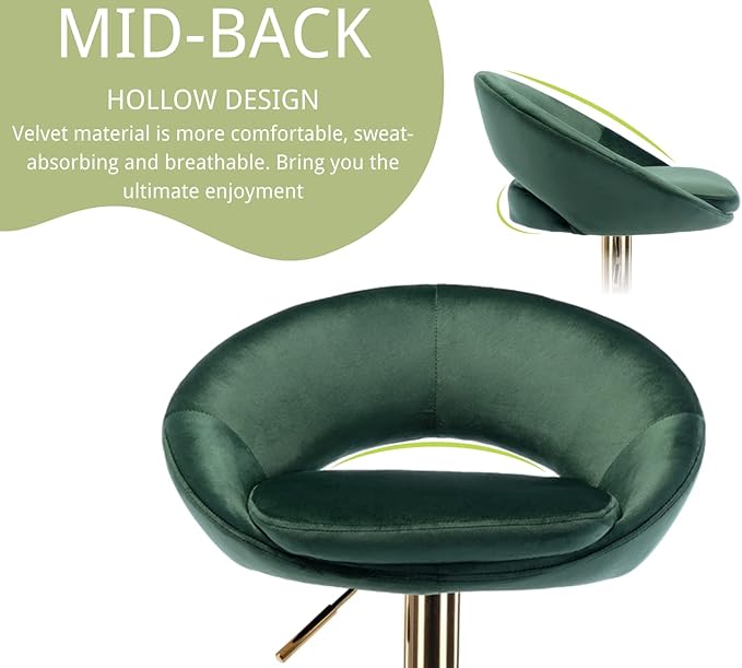 CIMOO Velvet Swivel Bar Stools Set of 2 with Open Back, Upholstered Adjustable Bar Height Bartools Modern Counter Height Barstools Island Chairs with Gold Legs for Kitchen/Home Bar/Pub, Green