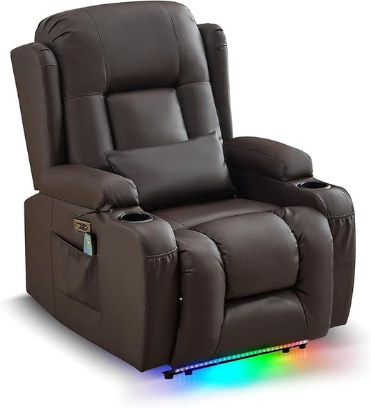 URRED Power Recliner Chair with Massage and Heat for Adults, Electric Reclining Sofa Home Theater Seating with Ambient Light, USB Ports, Cup Holders, Side Pockets, Pillow, Faux Leather, Brown