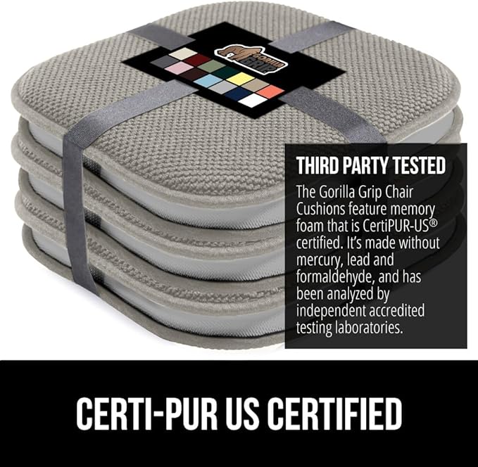 GORILLA GRIP Slip Resistant Chair Cushions, No Ties Required, Set of 6 Memory Foam Pads for Dining Room, Kitchen Table, Office, Rocking Chairs, Plush Seat Cover Cushion Pad, Home Decor, 16x16, Lt Gray