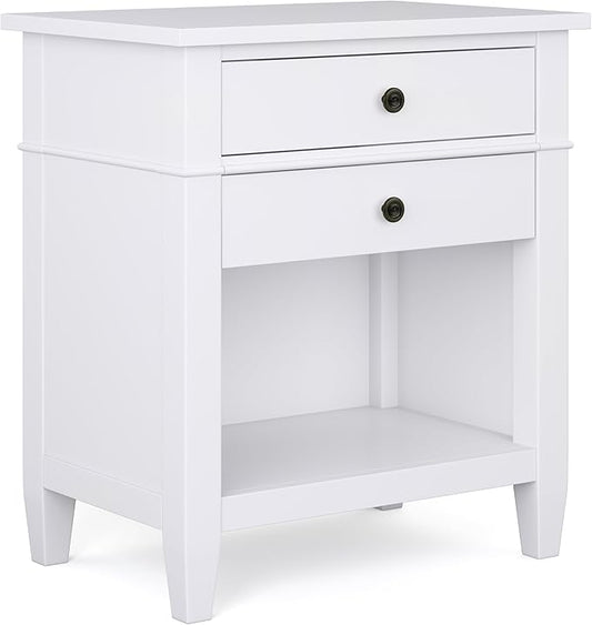 SIMPLIHOME Carlton Bedside Table - 24 inch Wide Solid Wood Nightstand Table in White, Transitional Bedroom Side or End Table with 2 Drawers, Open Storage Shelf and Bronze Hardware
