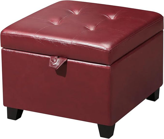 Adeco Faux Leather Storage Ottoman with Hinged Lid, 14 Inch High Red Square Cube Foot Stool with Storage, Upholstered Vanity Stool with Solid Wood Legs for Living Room, Bedroom, Dorm