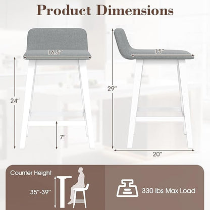 COSTWAY Wooden Counter Stools Set of 4, 24-inch Height Upholstered Padded Seat, Low Backrest, Footrest, Rubber Wood Legs, Armless Barstools for Kitchen Island, Dining Room, White+Gray