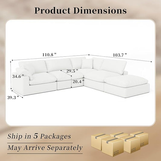 Modular Sectional Sofa Cloud Couch,Down Filled Comfy Cloud Modern Sofa,White Linen Oversized Couch Cushion Covers Removable for Living Room(3 Seater)