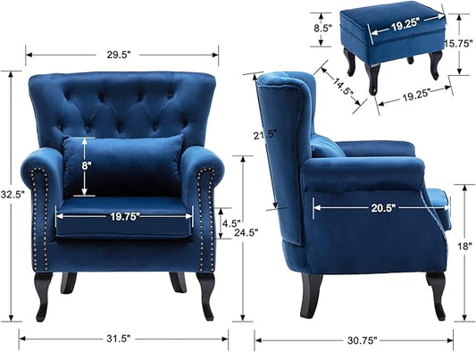 Mid Century Modern Accent Chair Upholstered Armchair Comfy Velvet Tufted Wingback Single Sofa with Ottoman for Bedroom Living Room, Blue