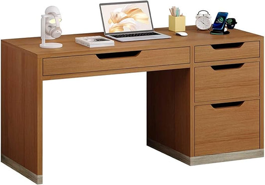 52 Inch Desk with 4 Drawers, Small Computer Desk for Small Space, Home Office Desk with Storage File Cabinet for Bedroom, Brown
