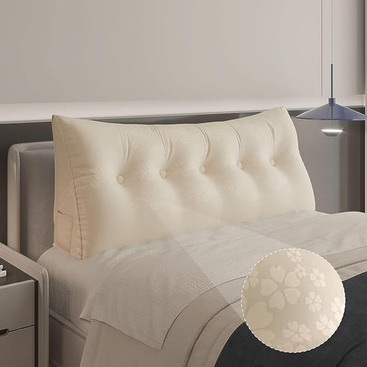 WOWMAX Headboard Pillow Queen Triangular Bed Wedge Pillow for Headboard Wedge Pillow Headboard for Daybed Bunk Bed Cream Bolster Pillow for Bed, Jacquard Satin Fabric 100% Pure Cotton, Light Beige