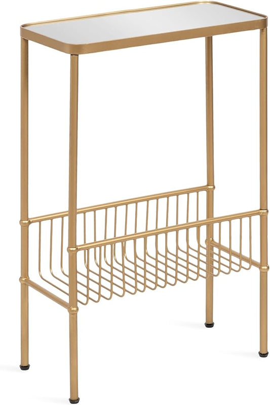 Kate and Laurel Trubey Modern Mirrored Rectangle Narrow Side Table, 16 x 8 x 25, Gold, Modern Glam Slim End Table with Bottom Wire Storage Rack and Mirrored Tabletop