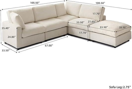 WJShome L Shaped Sectional Couch 134 Inch 4-Seater Modern Modular Sofa with Ottoman,Chenille Deep Seat Couches for Living Room, Bedroom and Apartment，Beige