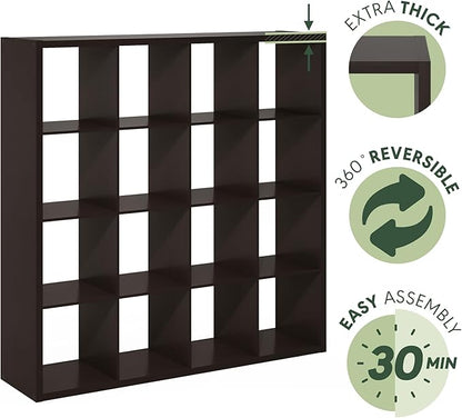 Furinno Cubicle Book Shelf, 16-Cube Thick Frame Bookshelf, Reversible Bookcase with Open Back, 14.6 x 57.8 x 58, for Living Room, Bedroom, Home Office, Black Dark Oak