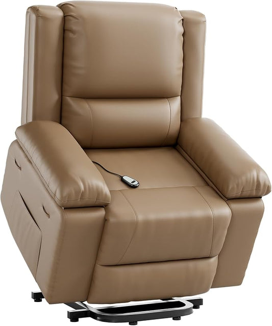 PU Leather Electric Power Lift Chair, Recliner Massage Chair with Remote Control and Side Pocket for Elderly, Power Lift Recliner Sofa with Heat and Massage for Living Room, Earthy Yellow