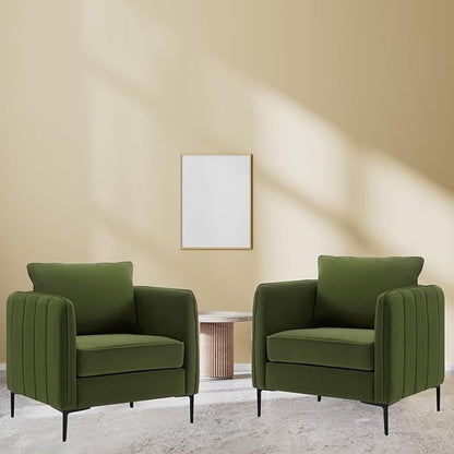 Velvet Accent Chair, Comfy Upholstered Single Sofa Chair Mid-Century Modern Armchair with Thick Cushion and Wood Frame Side Chair for Living Room Bedroom Apartment (Green)