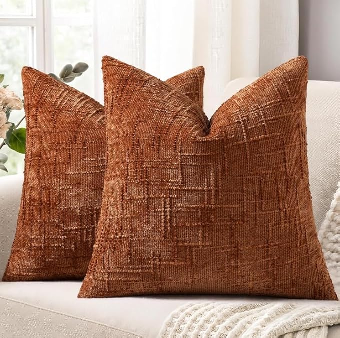 decorUhome Fall Rust Chenille Throw Pillow Covers 16x16 Set of 2 Thick Textured Slubby Couch Pillow Covers Farmhouse Accent Modern Neutral Decorative Pillow Cases for Bed Sofa Living Room