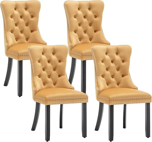 Velvet Dining Chairs Set of 4, Upholstered Dining Room Chairs with Nailhead Ring Pull Trim, Button Tufted Wing Back Chairs for Dining with Solid Wood Legs for Kitchen Dining Room(Gold)