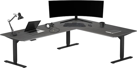 Progressive Desk Stand Up Height Adjustable Standing Desk - L Shaped 85" x 72" Corner Computer Rising Workstation Electric Table - Gray Oak, Black Frame