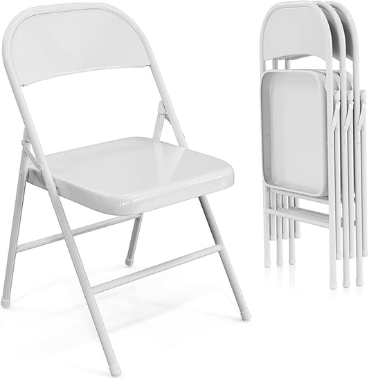 VINGLI Folding Chairs All Steel Metal Frame, Capacity 350 lbs, Durable Portable and Versatile for Indoor Outdoor Use, White, Set of 4