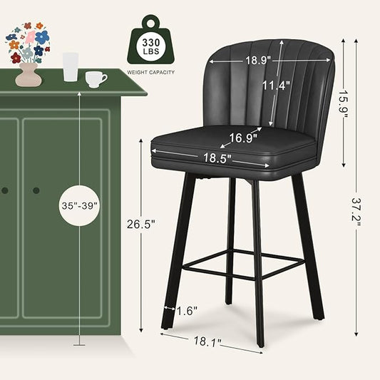 Swivel Counter Height Bar Stools Set of 6, 26'' Modern Barstools with Backs and Metal Legs, Upholstered Bar Chairs, Faux Leather Black Stools for Kitchen Island Chairs