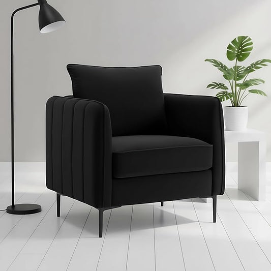 Velvet Accent Chair, Comfy Upholstered Single Sofa Chair Mid-Century Modern Armchair with Thick Cushion and Wood Frame Side Chair for Living Room Bedroom Apartment (Black)