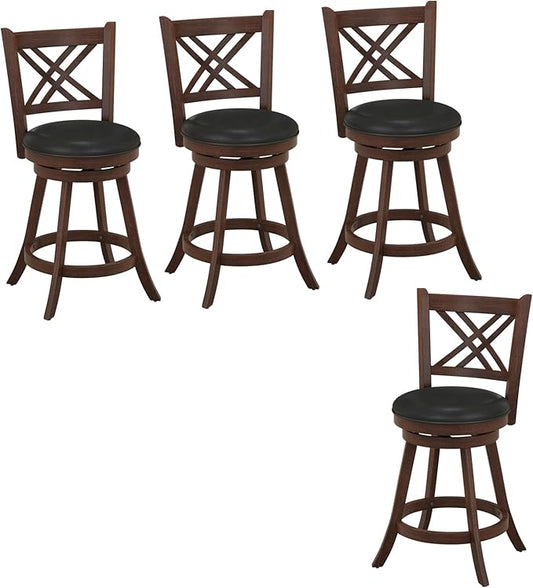 COSTWAY Bar Stool Set of 4 for Kitchen Island, Swivel Upholstered Counter Height Barstools with PU Surface, Rubber Wood Frame, 360° Rotatable Seat, Curved Back, Sturdy Footrest (4, 24" Seat Height)