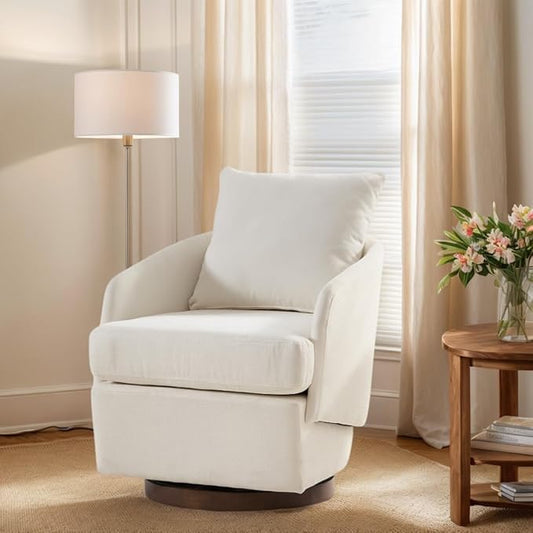 CIMOTA Swivel Accent Chair, Modern Barrel Armchair with 360° Swivel Base and Pillow, Upholstered Fabric Club Chair for Living Room/Reading/Office, Beige