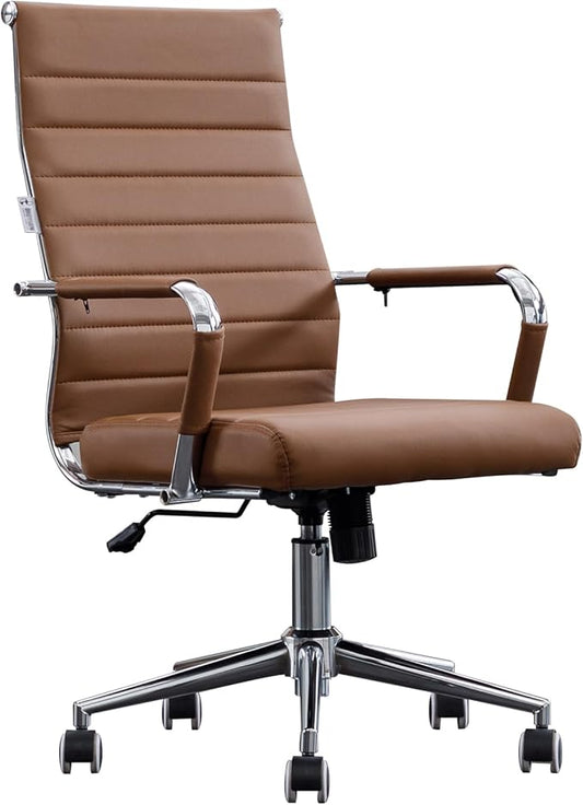 Home Office Chair Ribbed, Modern Leather Conference Waiting Room Chairs,Ergonomic Office Desk Chair, High Back Executive Computer Chair, Adjustable Swivel Chair with Arms (Brown)