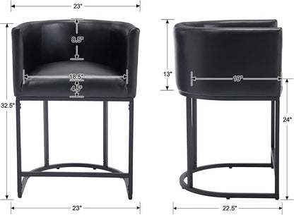 PU Leather Bar Stools Set of 2, Modern Upholstered Counter Height Bar stools 24" Leather Barstools Barrel Kitchen Counter Island Stools with Black Metal Base, Black