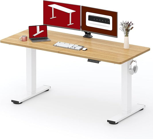 SANODESK Standing Desk Height Adjustable Electric Stand up Desk 63x24 Inches Sit Stand Home Office with Splice Board, White Frame/Maple Top