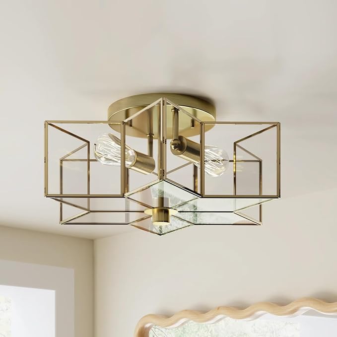 Bofea-Gold Ceiling Light Modern Semi Flush Mount Ceiling Lights Vintage Hallway Lights Fixture Brass Star Flush Light Fixture Unique Glass Semi Flush Mount Chandelier for Bedroom Foyer Entry Lamp