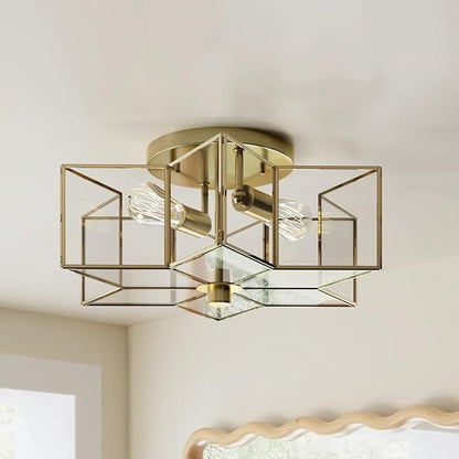 Bofea-Gold Ceiling Light Modern Semi Flush Mount Ceiling Lights Vintage Hallway Lights Fixture Brass Star Flush Light Fixture Unique Glass Semi Flush Mount Chandelier for Bedroom Foyer Entry Lamp