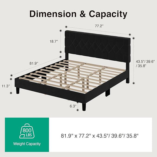 Novilla King Size Bed Frame, King Bed Frame and Headboard, Velvet Upholstered Pull-Point Bed Frames, No Box Spring Needed, Heavy Duty Feet, Easy Assembly, Black Velvet