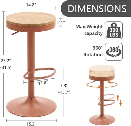 Kidol & Shellder Bar Stools Set of 4 Round Adjustable Swivel Barstools Modern Backless Bar Chairs Wooden Seat Counter Height Stools Armless for Kitchen Island, Cafe, Dining Room Terracotta
