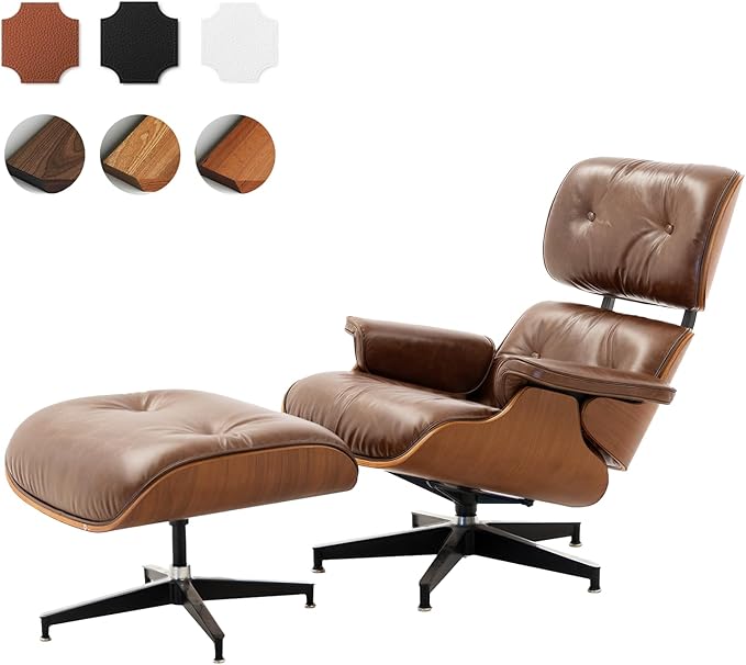 Top Grain Leather, Mid Century Chaise Lounge Chair and Ottoman, Reading Chair, Leather Accent Chair, Modern Chair, Classic Design, for Living Room Lounge Office,Retro Aged Leather, Walnut,Heightening